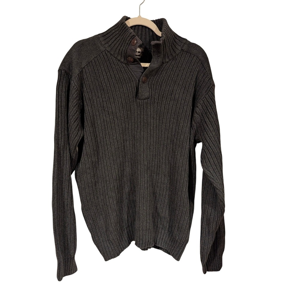 Timberland Sweater Mens XL Gray Ribbed Mock Neck Button Cotton Knit - Picture 2 of 8